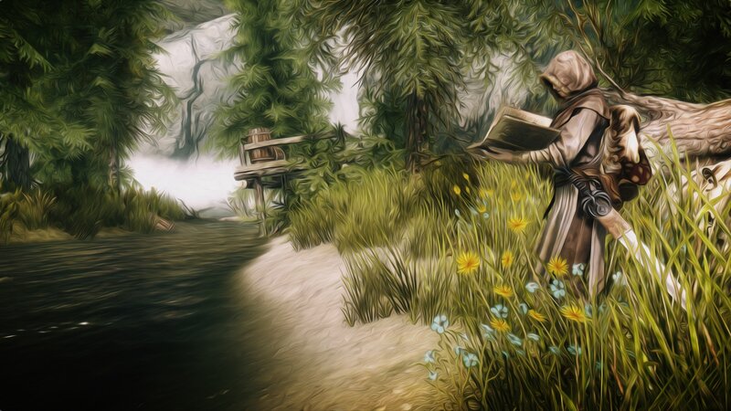 assassin reading by a river