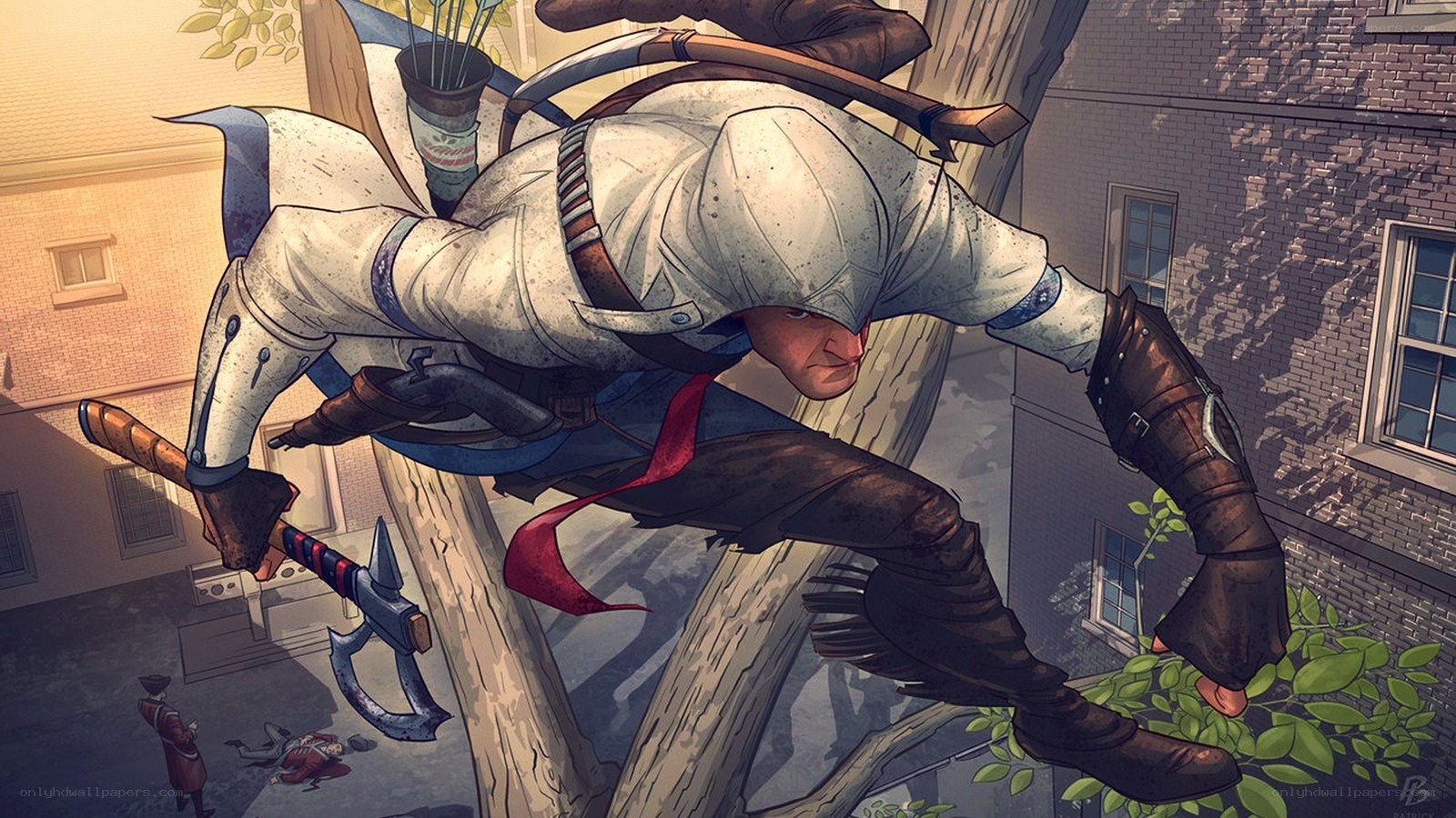 Assassin's Creed character climbing tree