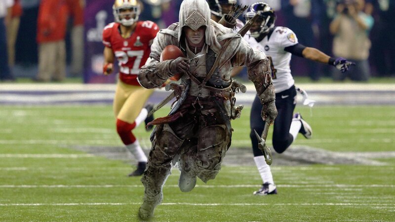 Assassin's Creed character on football field
