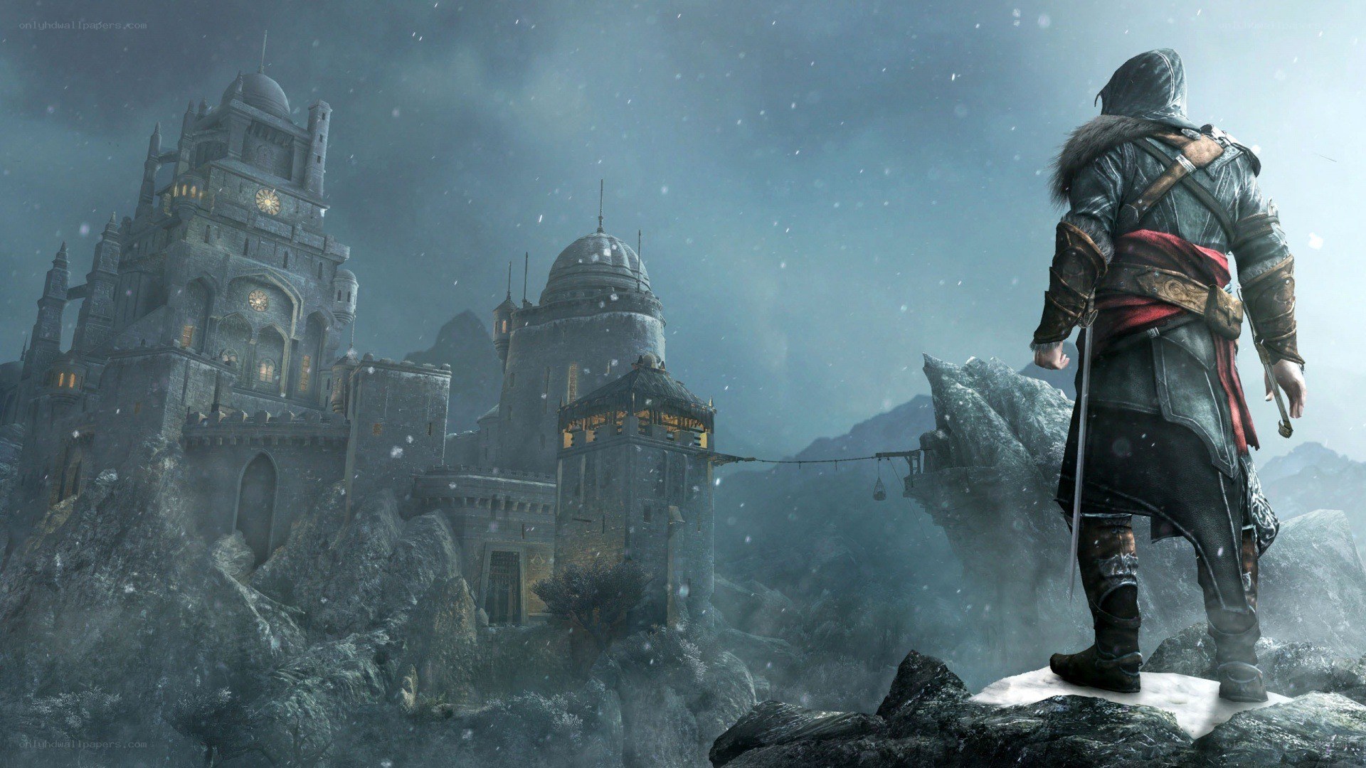 assassin's creed character overlooking castle