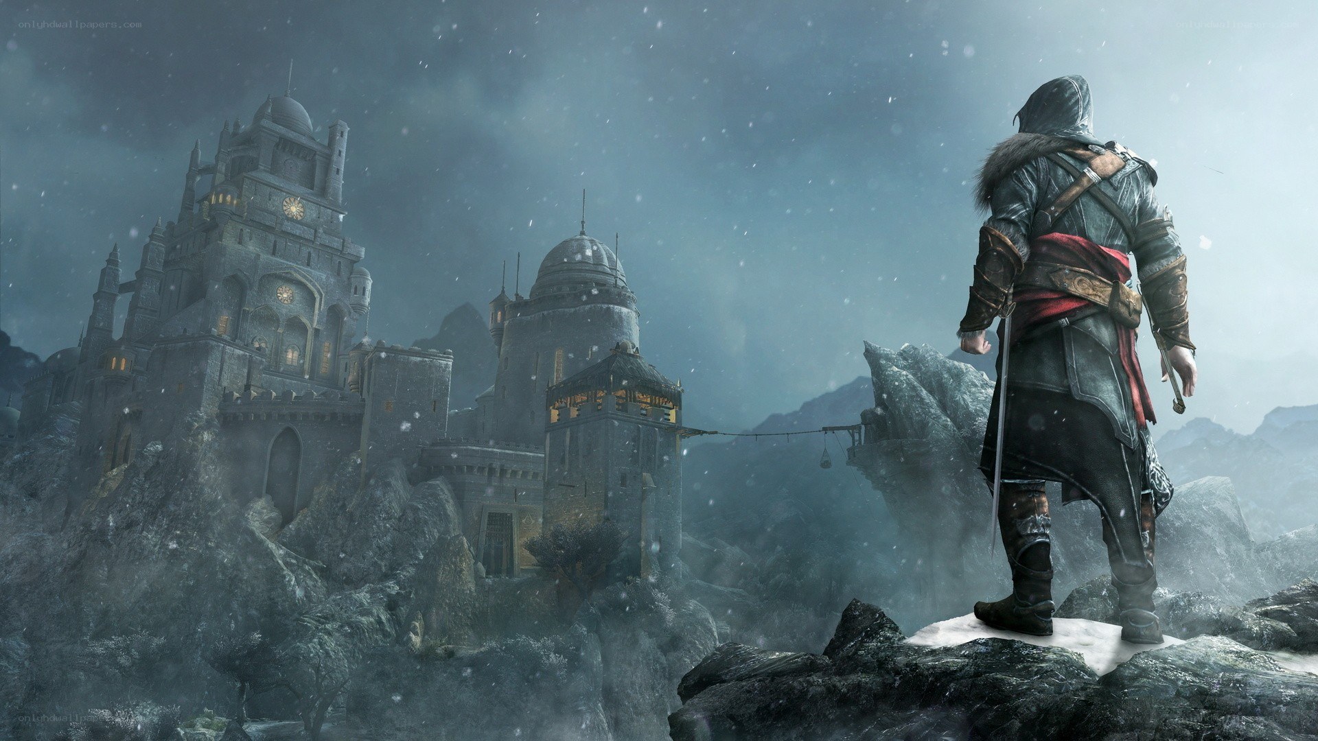 assassin's creed character overlooking castle