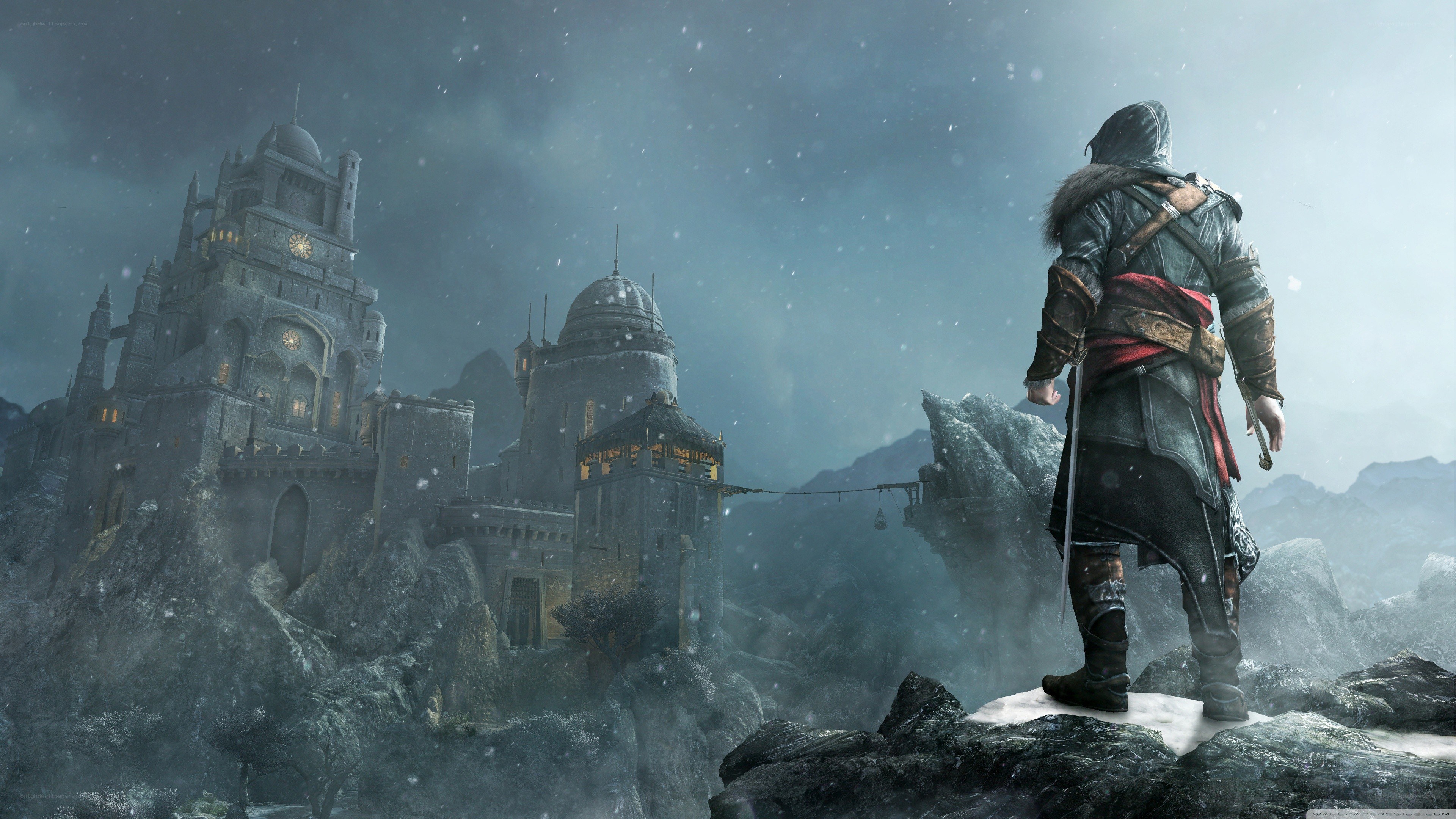assassin's creed character overlooking castle