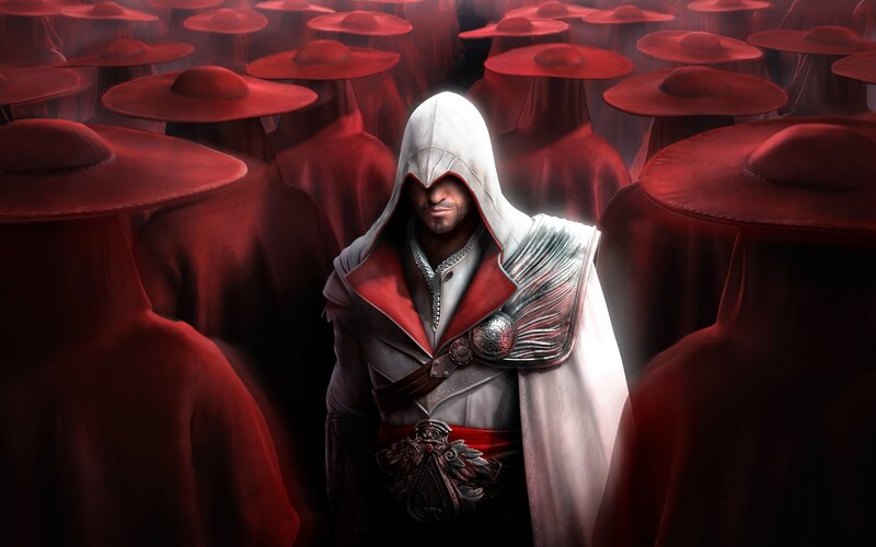 Assassin's Creed character surrounded by red-cloaked figures