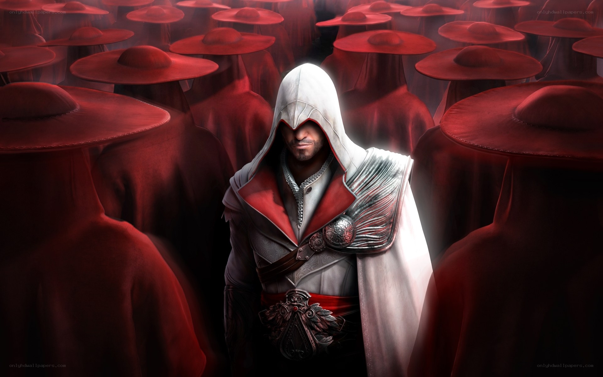 Assassin's Creed character surrounded by red-cloaked figures