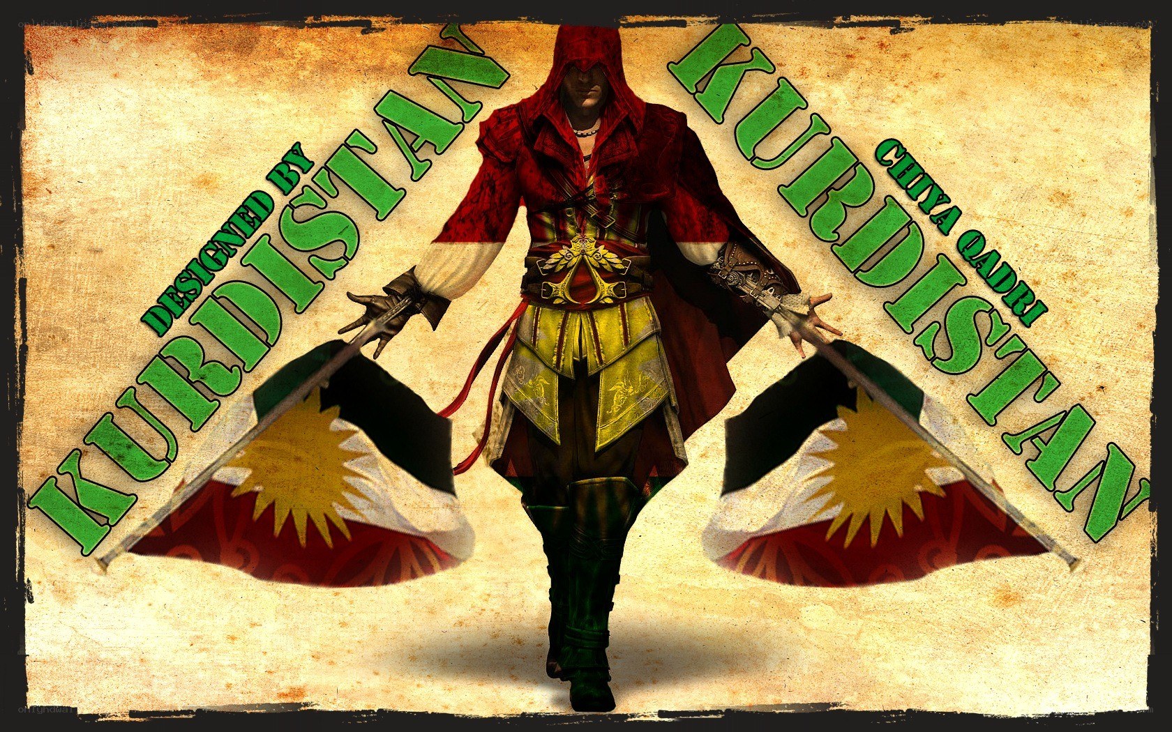 Assassin's Creed character with Kurdish flags