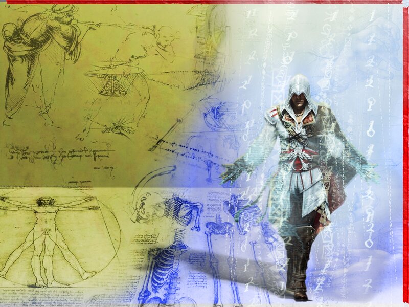 Assassin's Creed character with Leonardo da Vinci sketches