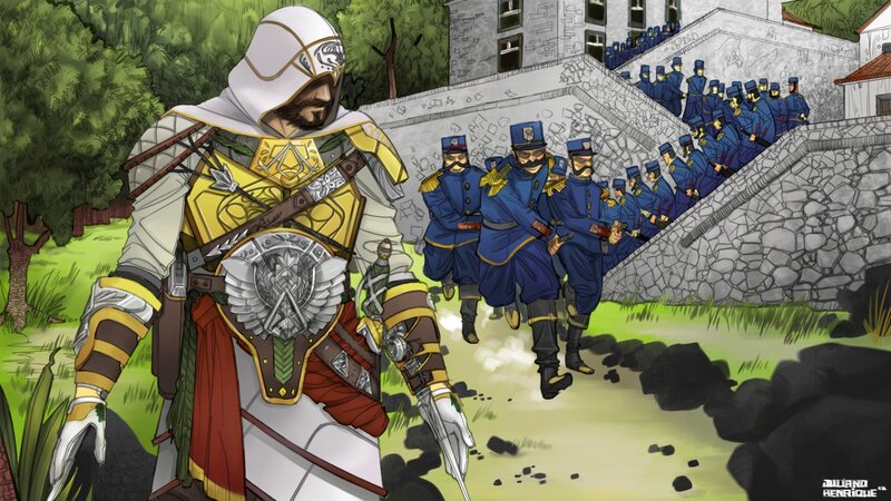 Assassin's Creed character with soldiers