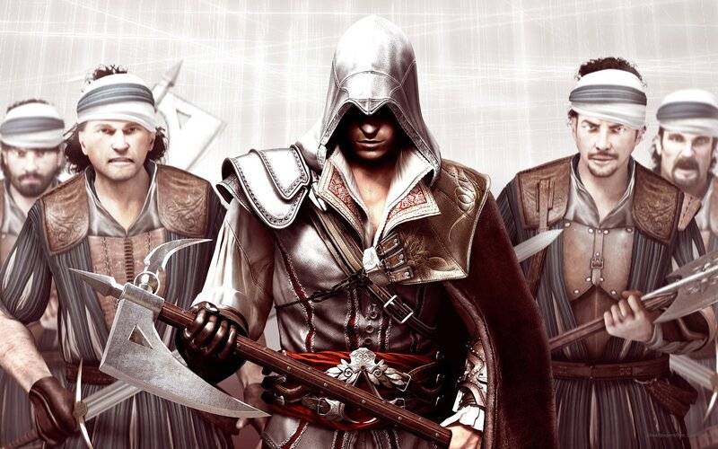 Assassin's Creed character with soldiers
