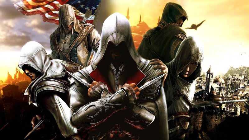 Assassin's Creed Characters — Brown, Dramatic, Sunset, Digital Art, Hooded Figures