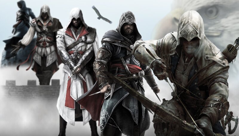 Assassin's Creed Characters — Gray, Dramatic, Digital Art, Hooded Robes, Weapons, Bird