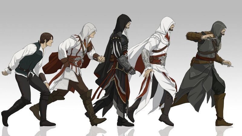 Assassin's Creed Characters — White, Dramatic, Digital Art, Hooded Cloaks, Daggers