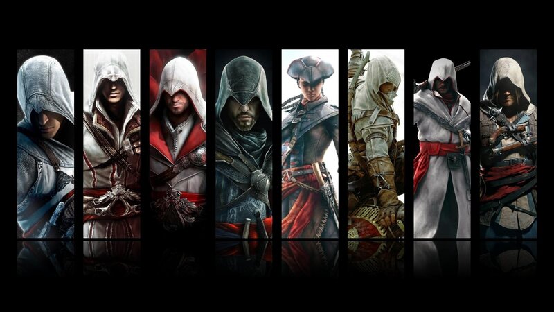 Assassin's Creed Characters — White, Dramatic, Digital Art, Hooded Cloaks, Swords, Guns