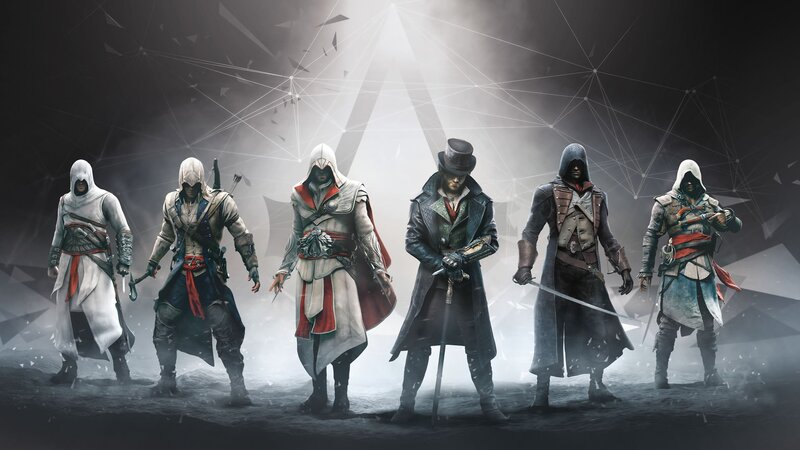 Assassin's Creed Characters — White, Dramatic, Digital Art, Hooded Cloaks, Swords, Top Hat