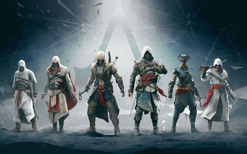 Assassin's Creed Characters — White, Dramatic, Digital Art, Hooded Cloaks, Weapons, Network Lines, Black, Gray