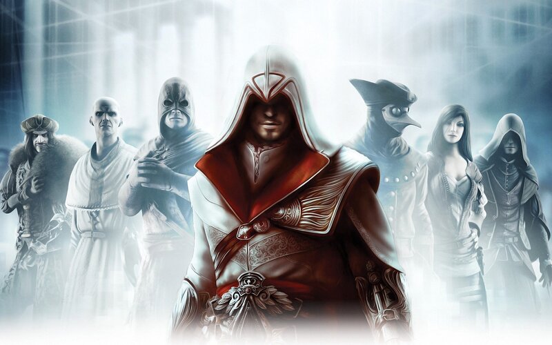 Assassin's Creed Characters — White, Dramatic, Digital Art, Hooded Robes, Historical Figures, Masks, Red