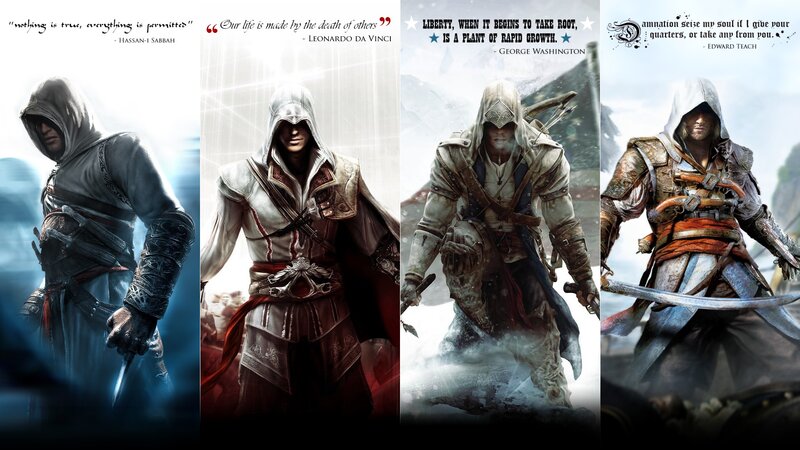 Assassin's Creed Characters — White, Dramatic, Digital Art, Hooded Robes, Swords, Quotes