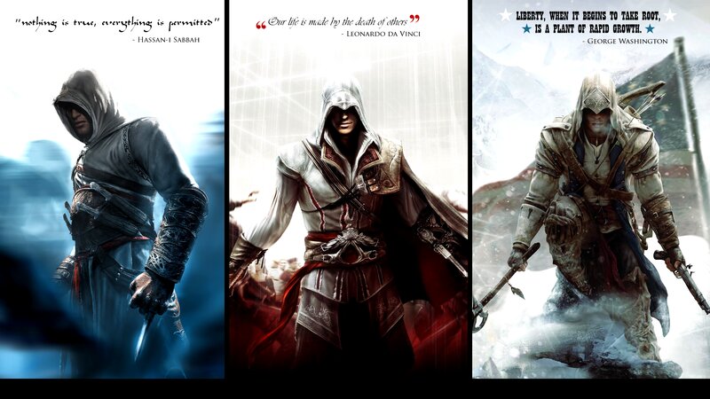 Assassin's Creed Characters — White, Dramatic, Digital Art, Hooded Robes, Weapons, Quotes