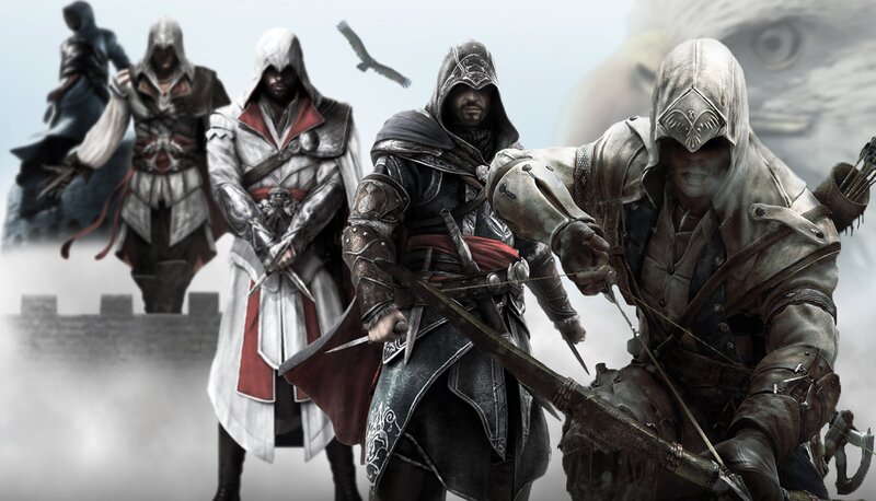 Assassin's Creed Characters — White, Dramatic, Digital Art, Hooded Robes, Weapons