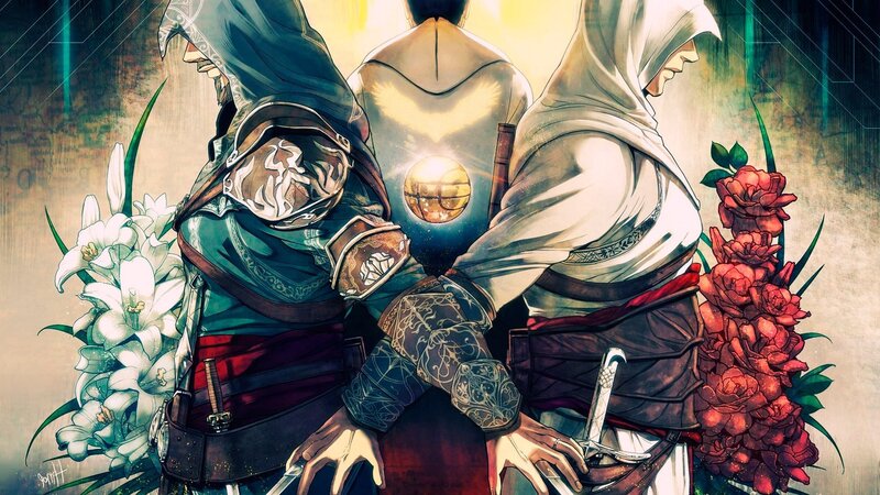 Assassin's Creed characters with flowers