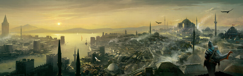 Assassin's Creed cityscape at sunset