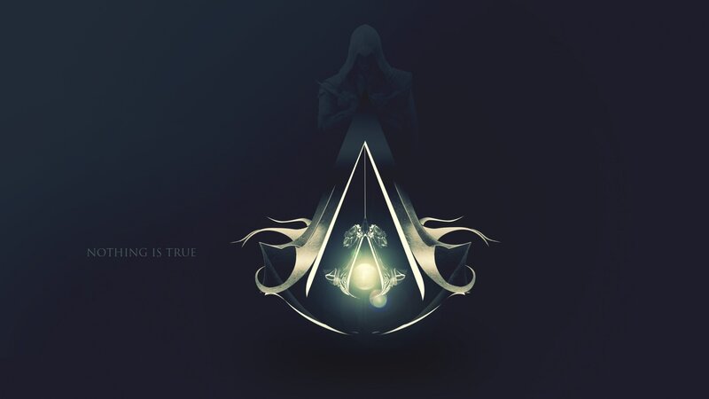 Assassin's Creed Logo — Black, Dramatic, Night, Digital Art, Hooded Figure, Symbol, Text