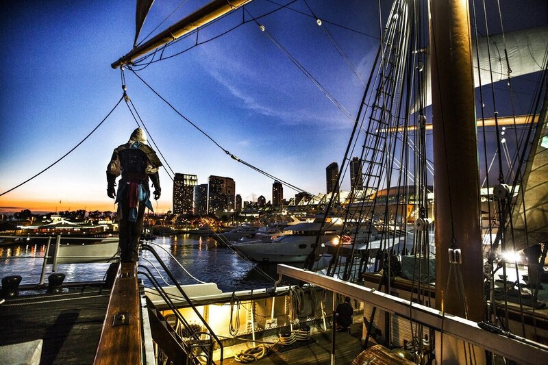 Assassin's Creed on a ship at dusk