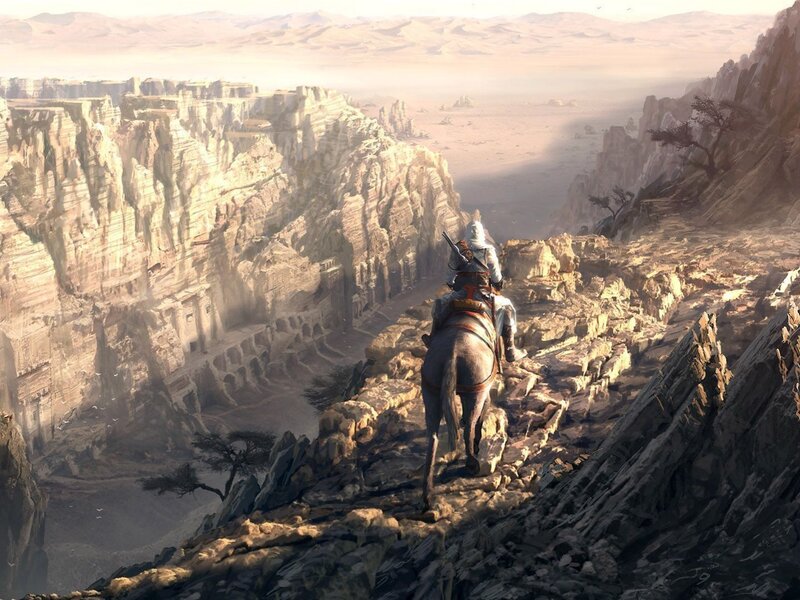 Assassin's Creed rider in desert canyon