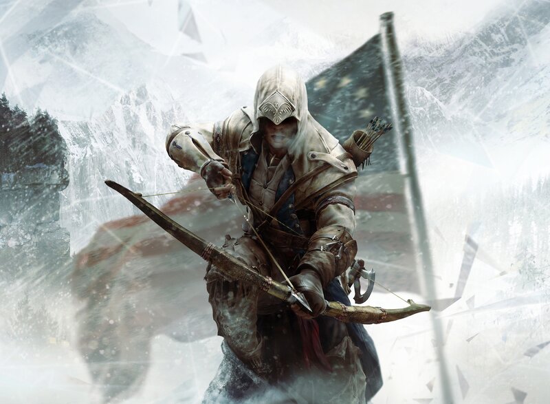 Assassin with Bow — White, Dramatic, Winter, Digital Art, Bow and Arrow, Flag