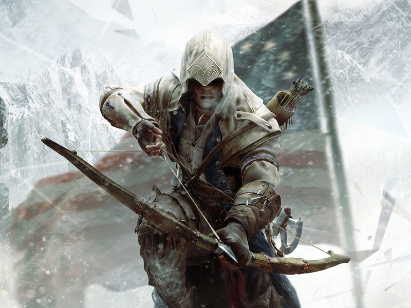 Assassin with Bow — White, Dramatic, Winter, Digital Art, Bow and Arrow, Quiver, Mountains, Brown