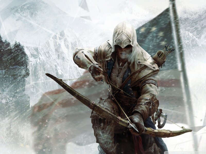 Assassin with Bow — White, Dramatic, Winter, Digital Art, Bow and Arrow, Snowy Mountains, Flag