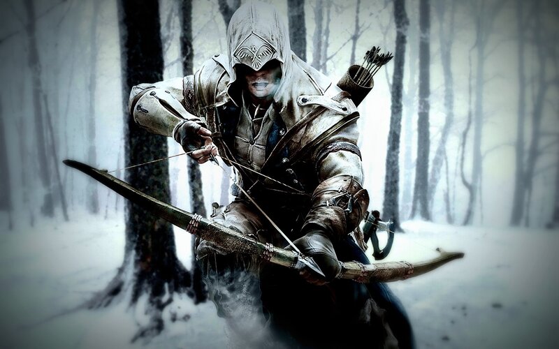 Assassin with Bow — White, Dramatic, Winter, Digital Art, Forest