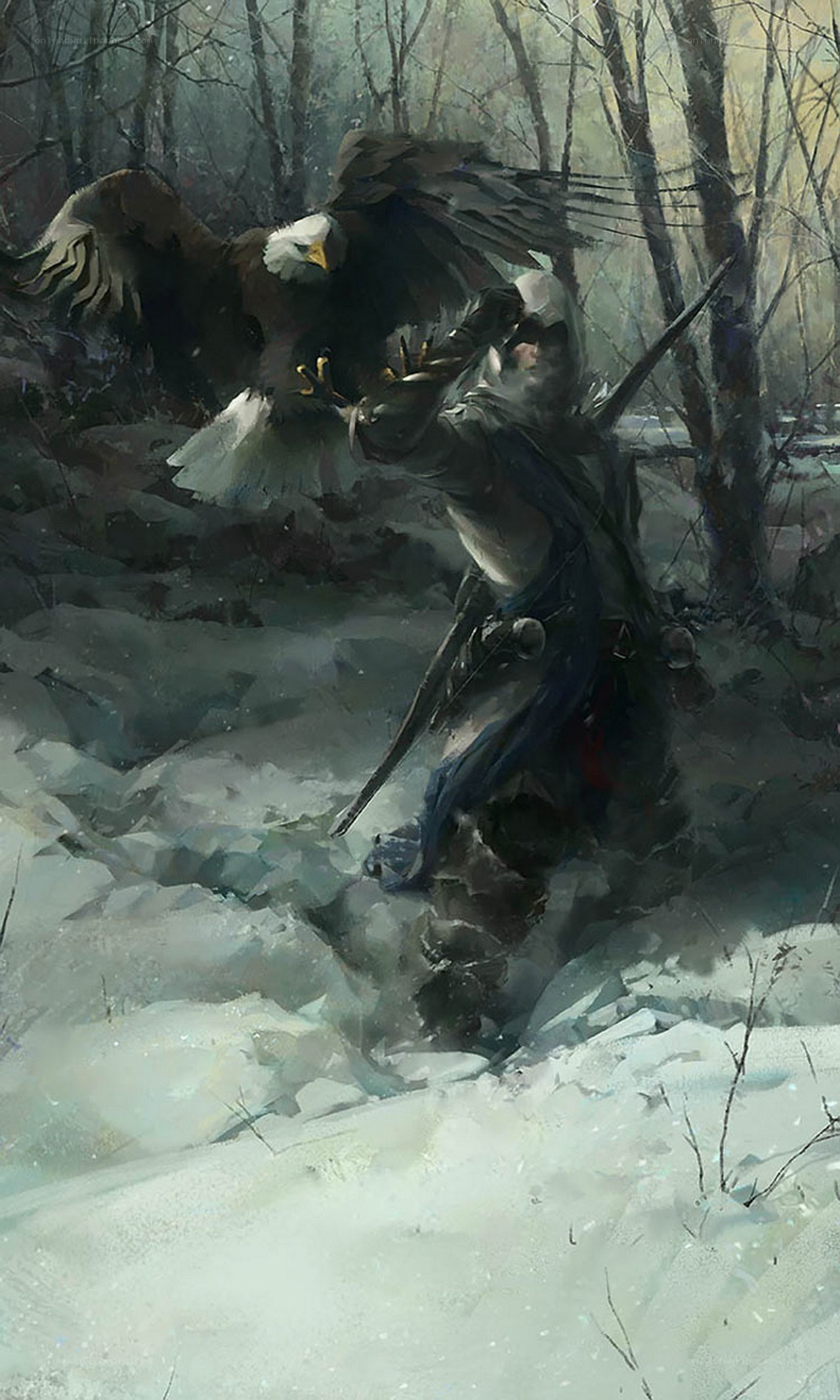 assassin with eagle in snow