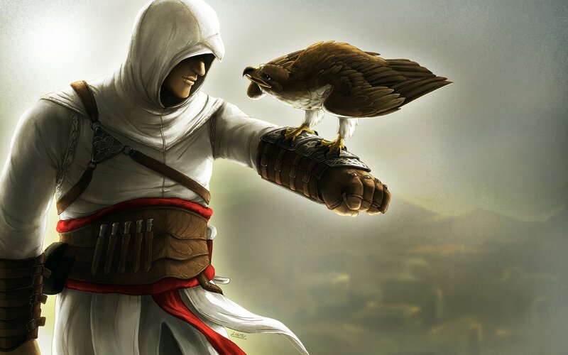Assassin with Eagle — White, Dramatic, Sunset