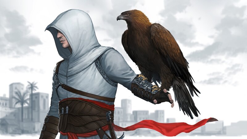 Assassin with Falcon — White, Dramatic