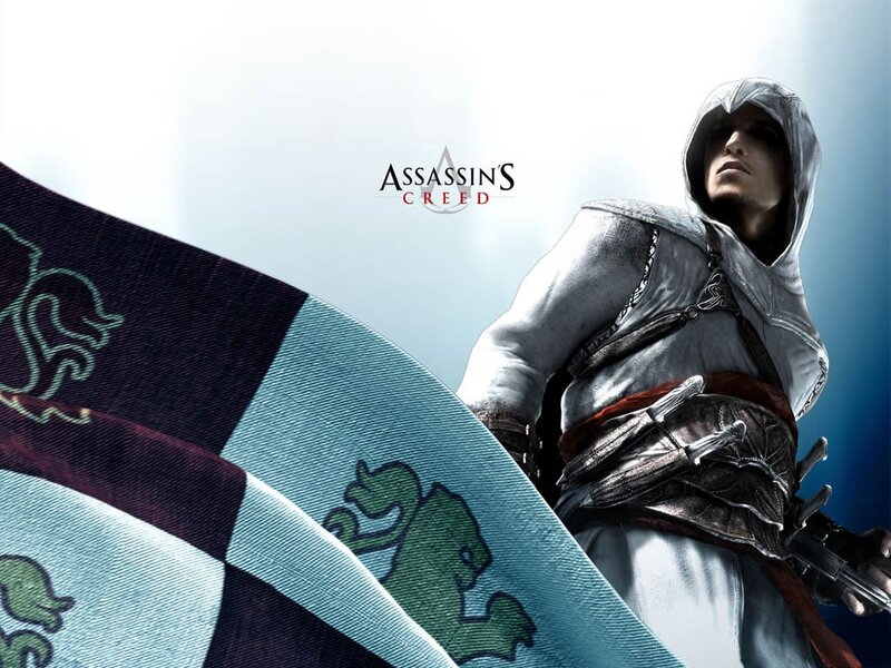 Assassin with Flag — White, Dramatic, Digital Art, Hooded Cloak