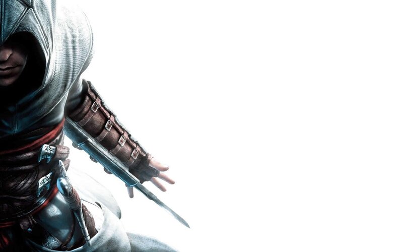 Assassin with Hidden Blade — White, Dramatic, Digital Art, Hidden Blade, Hooded Cloak