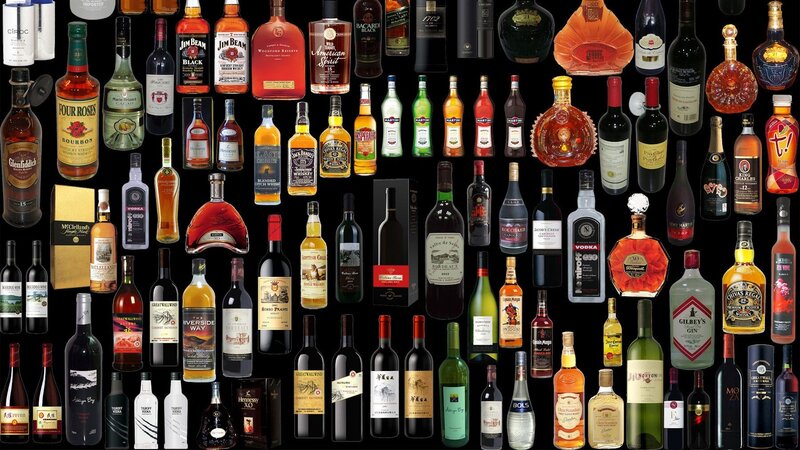 Assorted alcoholic beverage bottles