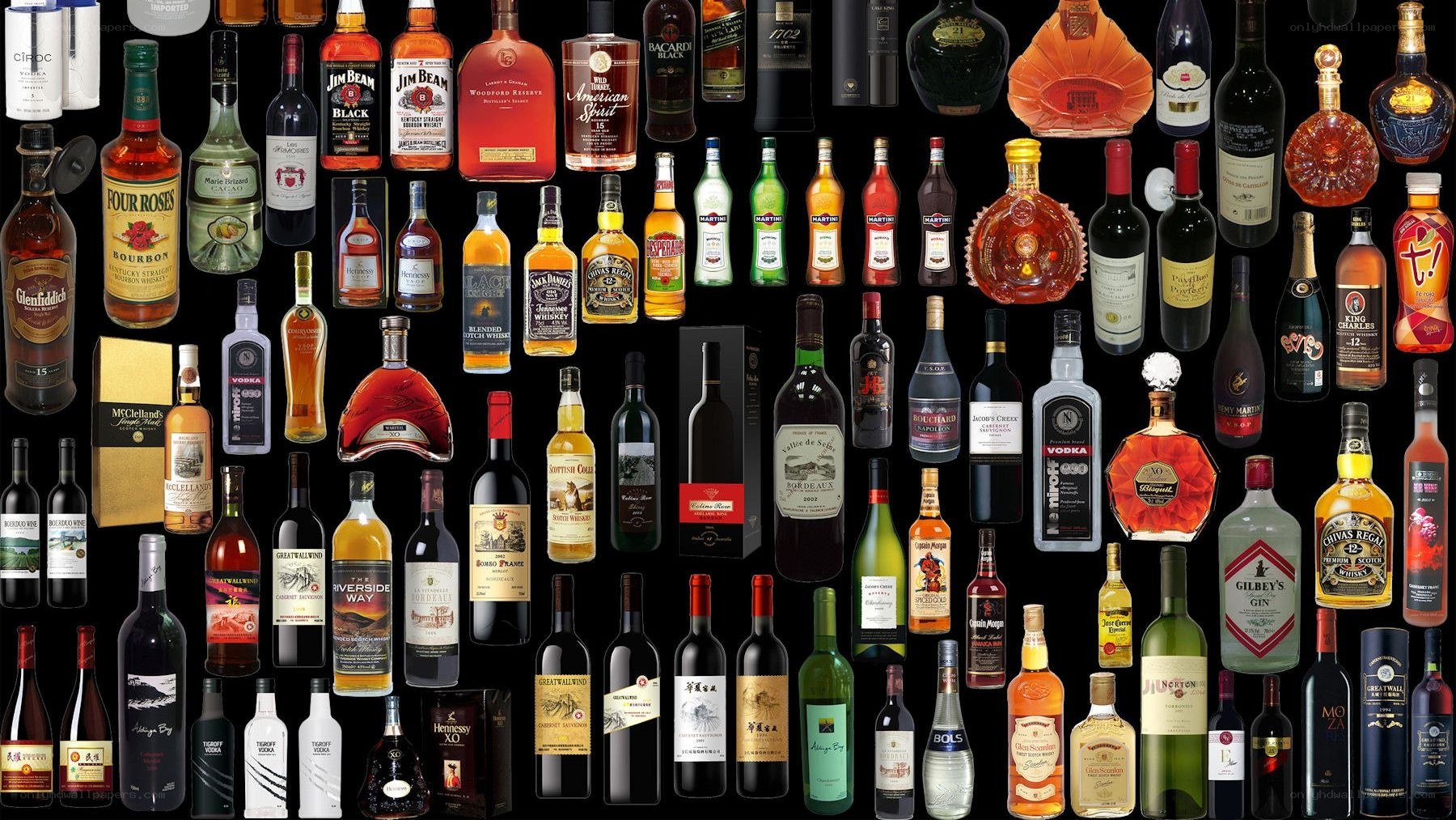 Assorted alcoholic beverage bottles