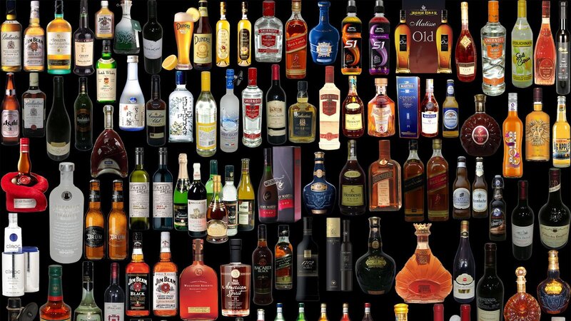 Assorted alcoholic beverage bottles