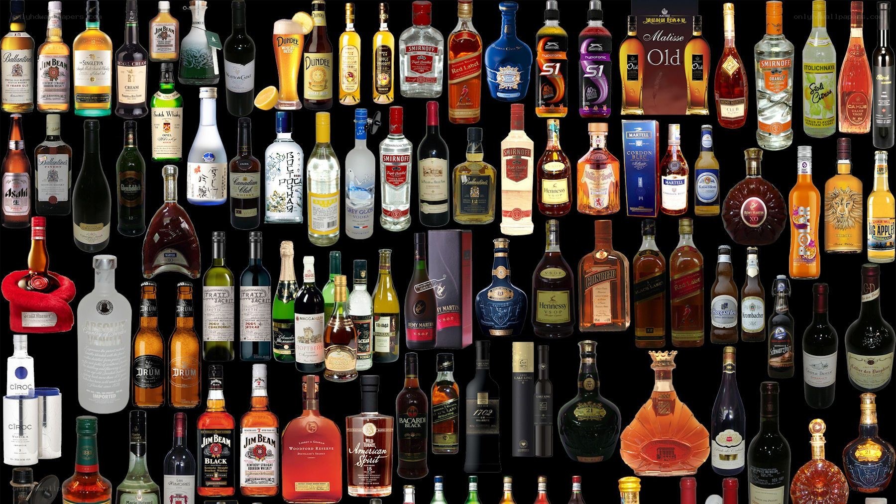 Assorted alcoholic beverage bottles