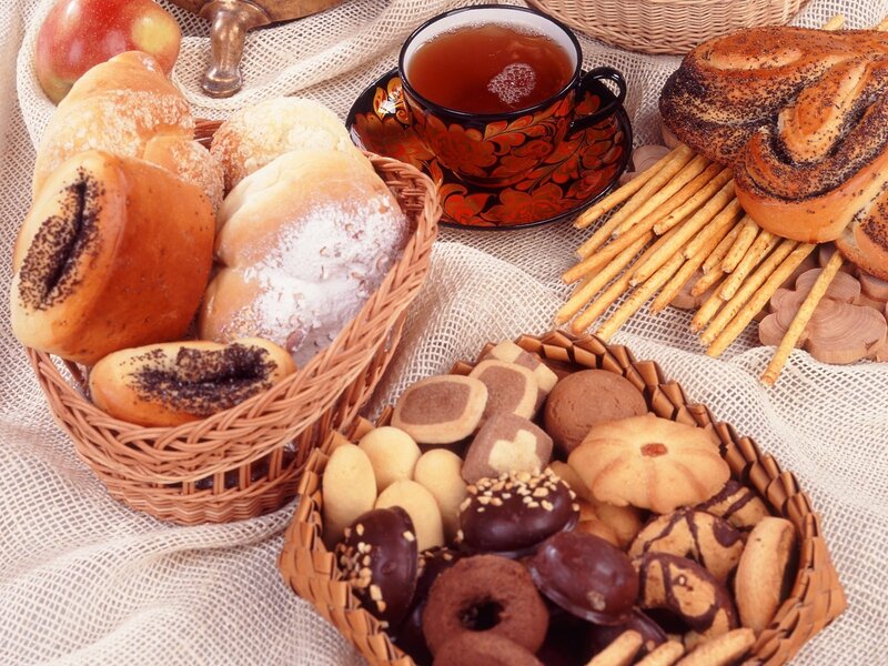 Assorted baked goods and tea