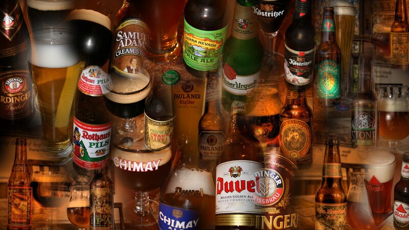 Assorted beer bottles and glasses
