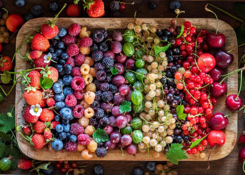 Assorted Berries on Wood — Red, Fresh