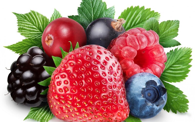 Assorted Berries with Leaves — Red, Fresh, Photograph, Strawberry