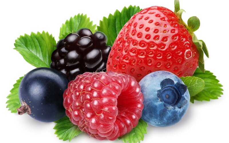 Assorted Berries with Leaves — Red, Fresh, Photograph