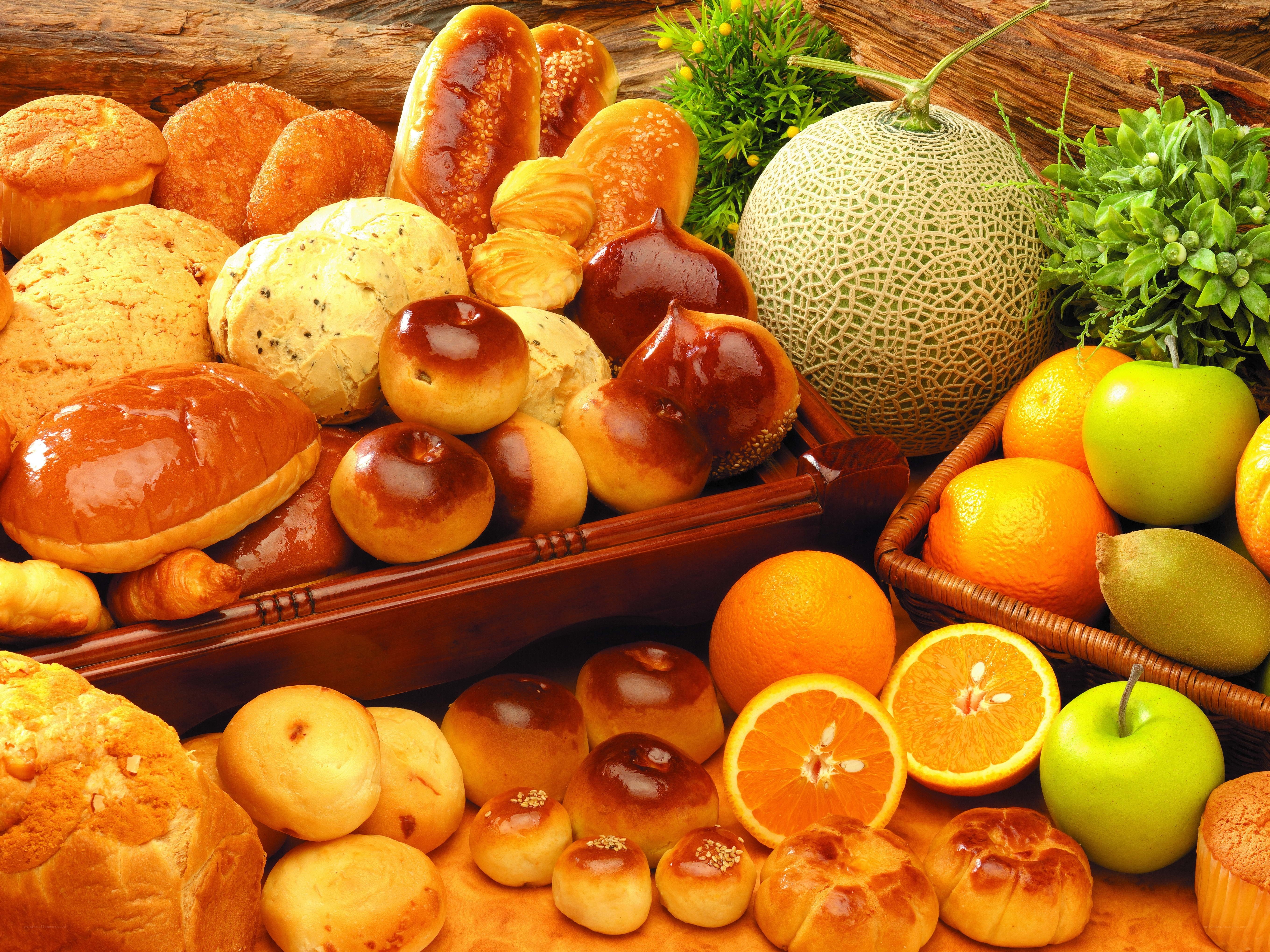 Assorted breads and fresh fruits