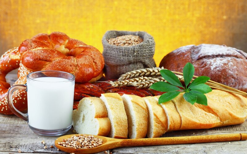 Assorted breads and milk