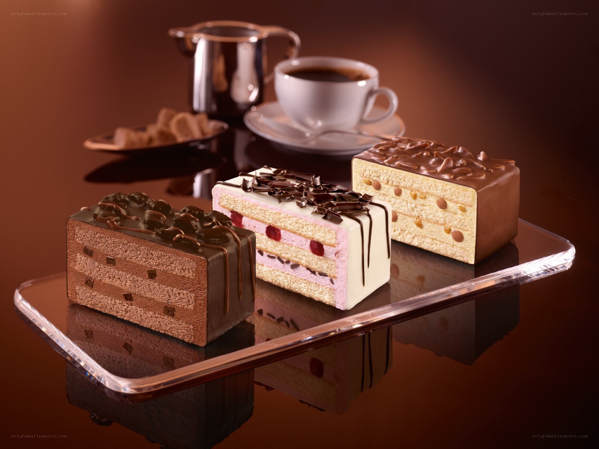 Assorted cake slices with coffee