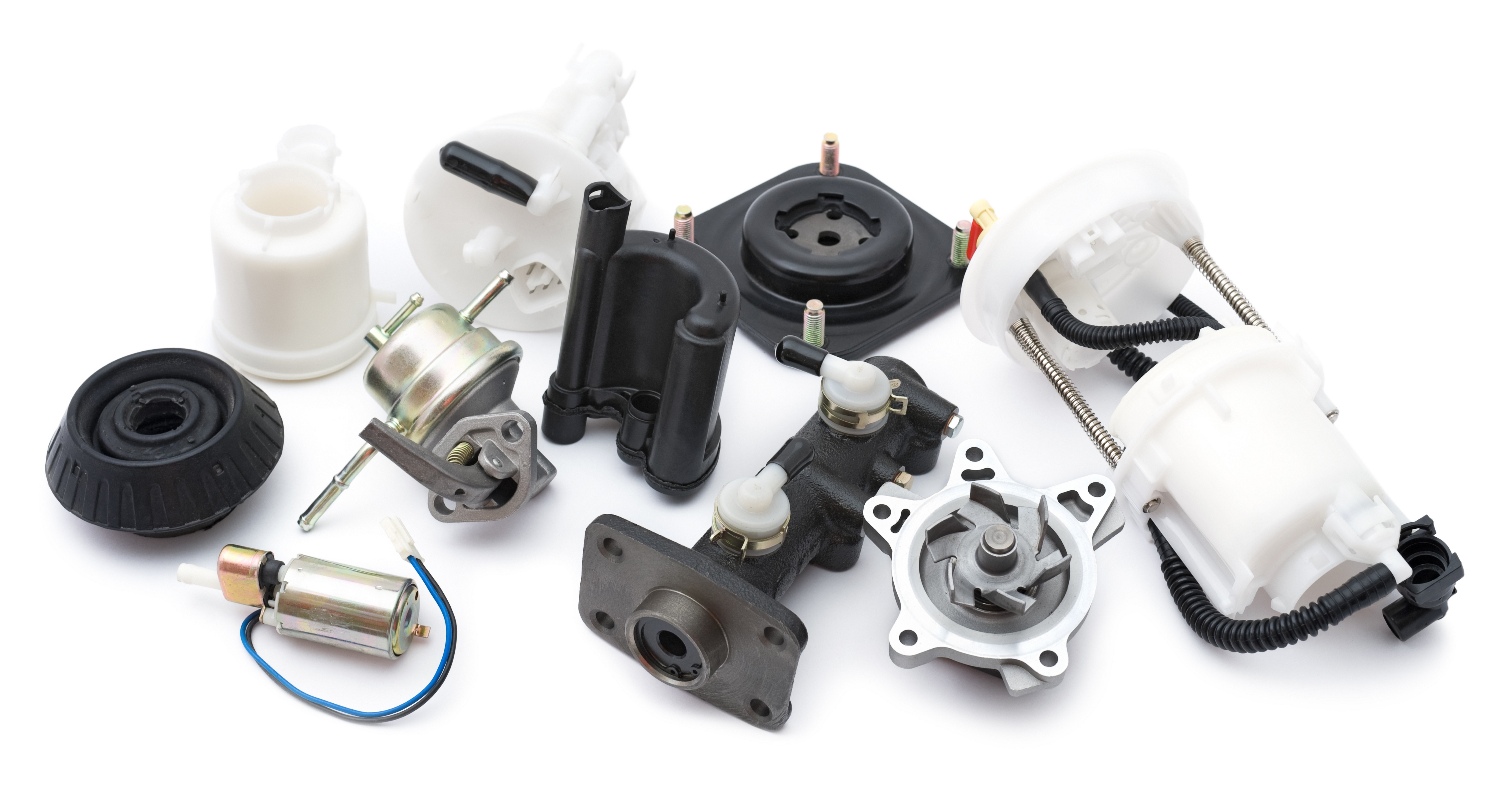 assorted car parts on white
