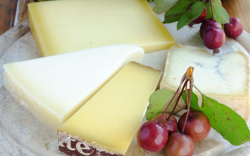Assorted cheeses with cherries